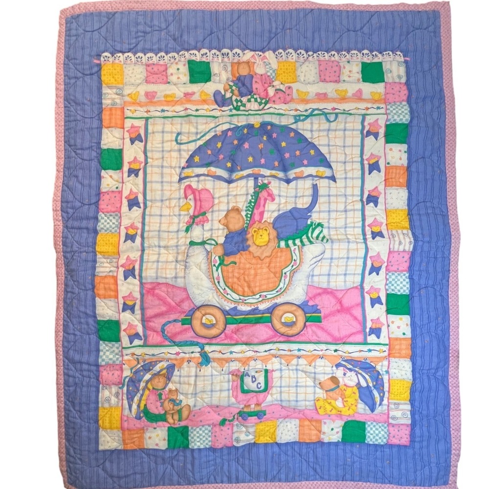 Vintage Baby Quilt Patchwork Animals Umbrella ABC Nursery Decor Crib Blanket